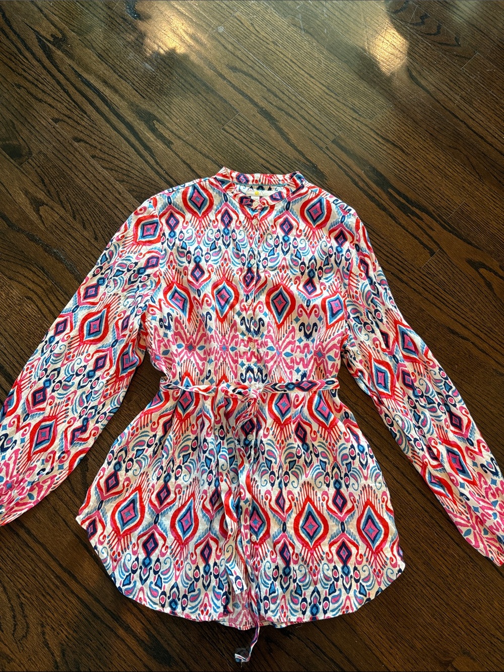 Boden Linen Multicolor Geometric Button-Down Shirt with Tie Waist